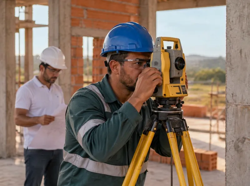 Engenheiro e técnico revisando projeto em obra