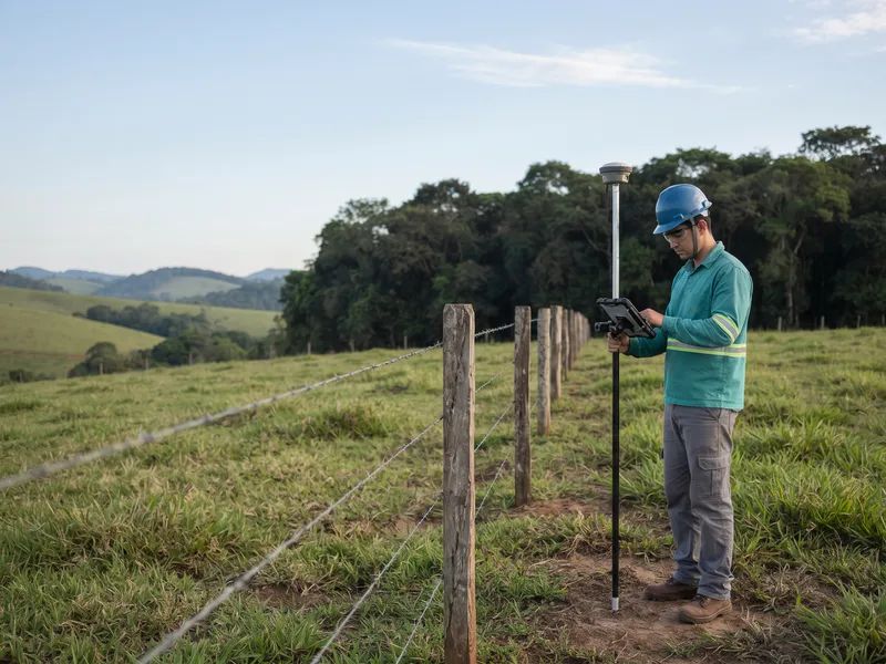 Técnico com receptor GNSS e tablet ao longo de cerca de divisa em propriedade rural