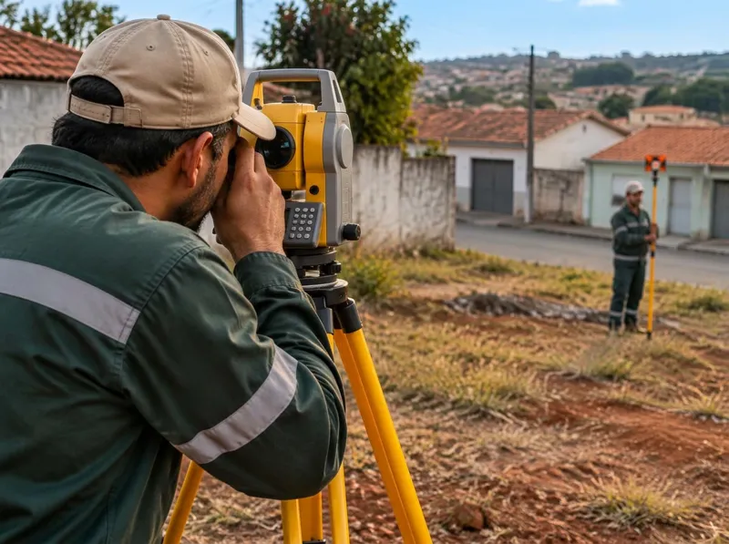 Equipe medindo lote urbano com estação total e prisma
